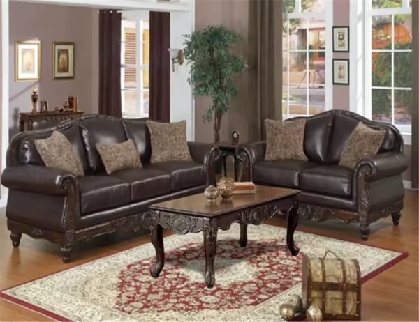 Antique Carved wooden living room furniture classic leather sofa sets.