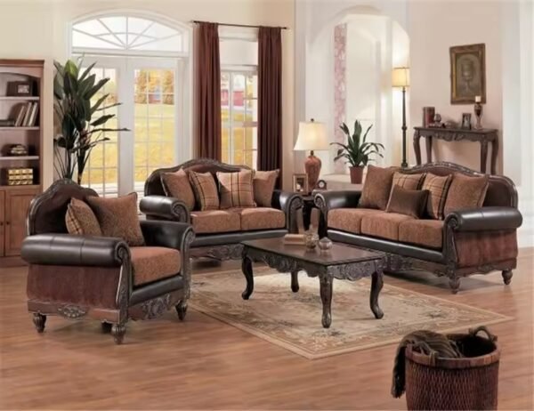 Antique Carved wooden living room furniture classic leather sofa sets.