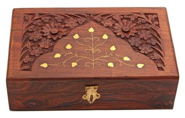 Handmade Wooden Hand Carvings Jewelry Box with Brass Inlay 6 Inch Rectangular.