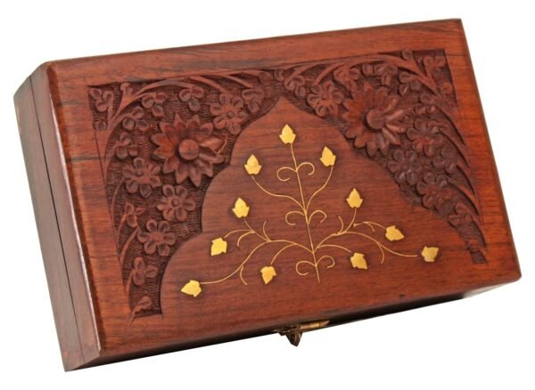 Handmade Wooden Hand Carvings Jewelry Box with Brass Inlay 6 Inch Rectangular.