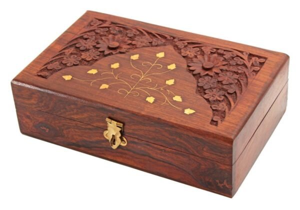 Handmade Wooden Hand Carvings Jewelry Box with Brass Inlay 6 Inch Rectangular.