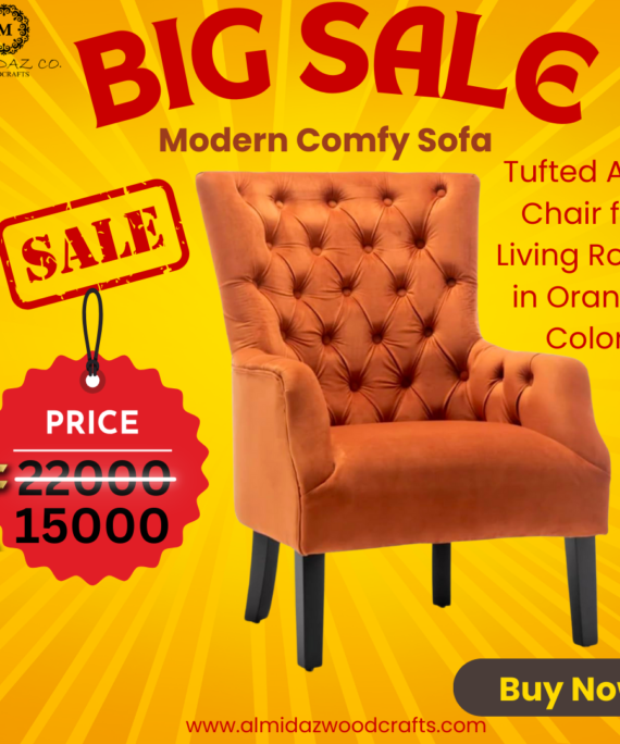 Al Midaz Tufted Arm Chair for Living Room in Orange Color | Sheesham Wood Accent Chair with Armrests.