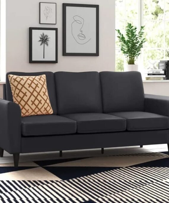 Al Midaz Afri-Black 3-Seater Leather Sofa for Living Room Leather Sofa 3 Seater Personal Sofas Couch