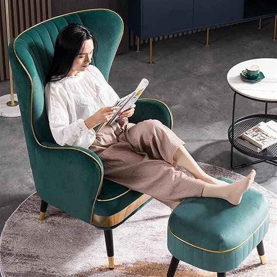Al Midaz Armchair Puffy Velvet Fabric Wing Chair (Green).