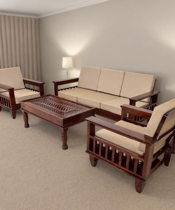 Al Midaz Living Room Wooden Sofa Set 3+1+1With Cushions - Natural Brown Finish